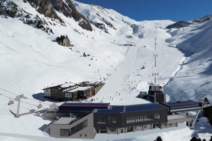 Höllboden Talstation in Ischgl, Austria, showing one of the ski lifts which is being replaced with an 8-seater chair this winter 2025-26